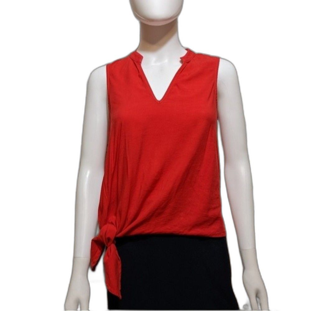 Maven West shirt red side tie knot mandarin‎ collar sleeveless sz XS